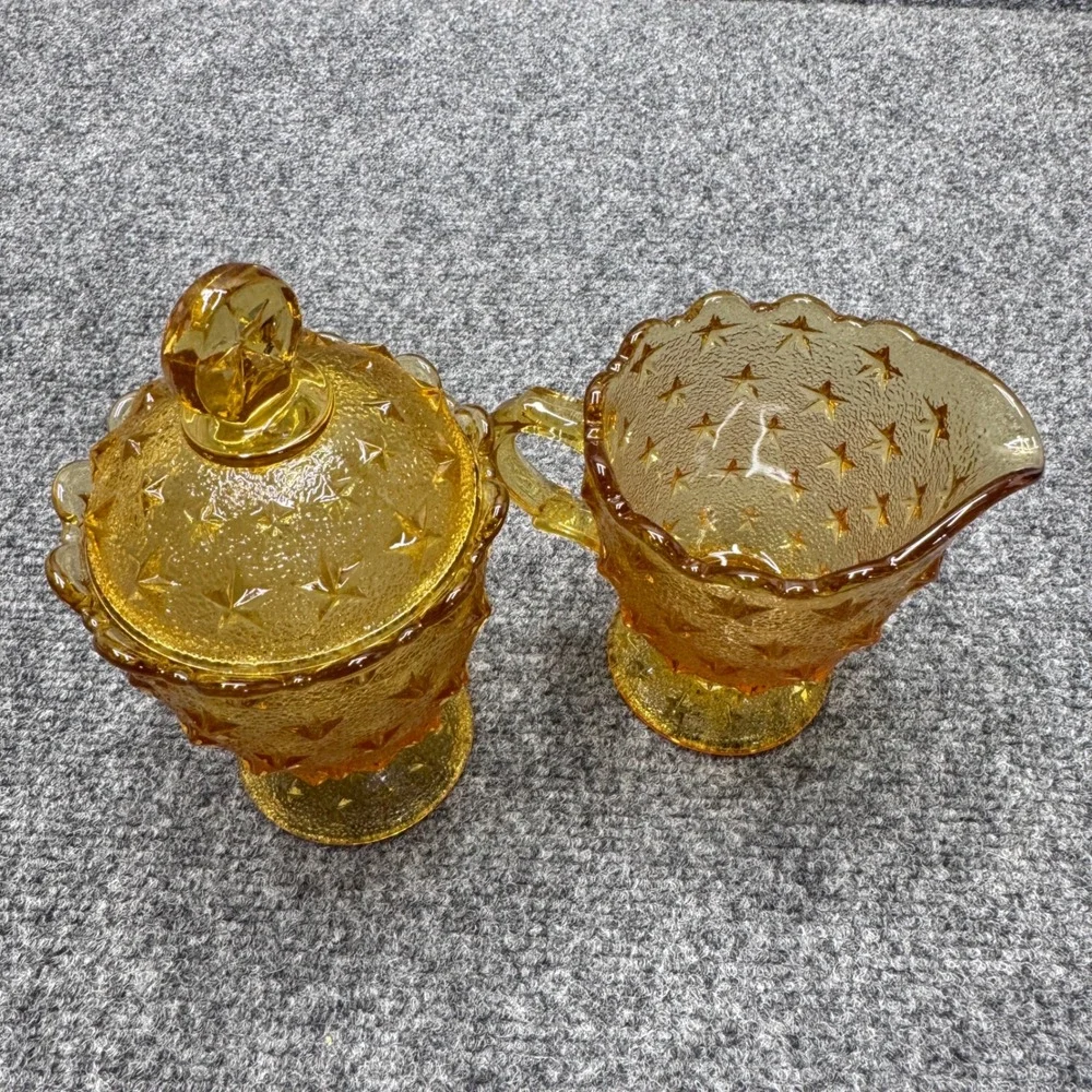 Vintage Amber Glass Sugar and Creamer Set Star Pattern Gold MCM Retro Decor